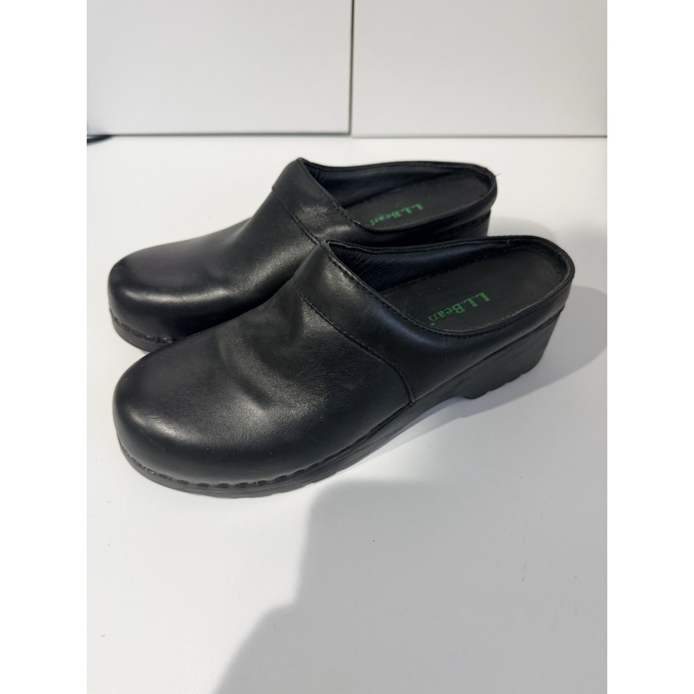 LL Bean Women's 8.5 Black Clogs Leather Mules Slip On Shoes Service Worker L